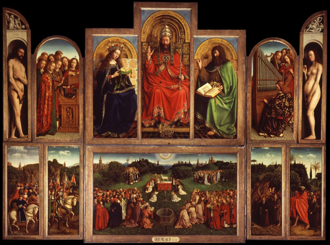 Jan van Eyck, Ghent Altarpiece (open), completed 1432. Oil on panel, aprox. 11 ft. 6 in. x 5 in.