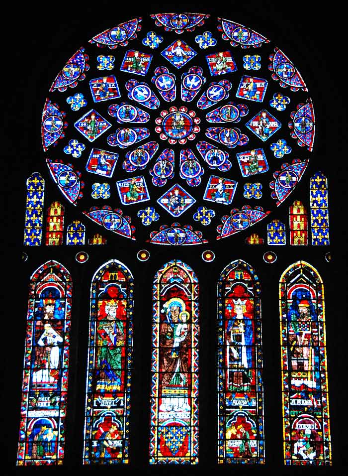 Rose window and lancets, north transept, Chartres Cathedral, 13th century. 